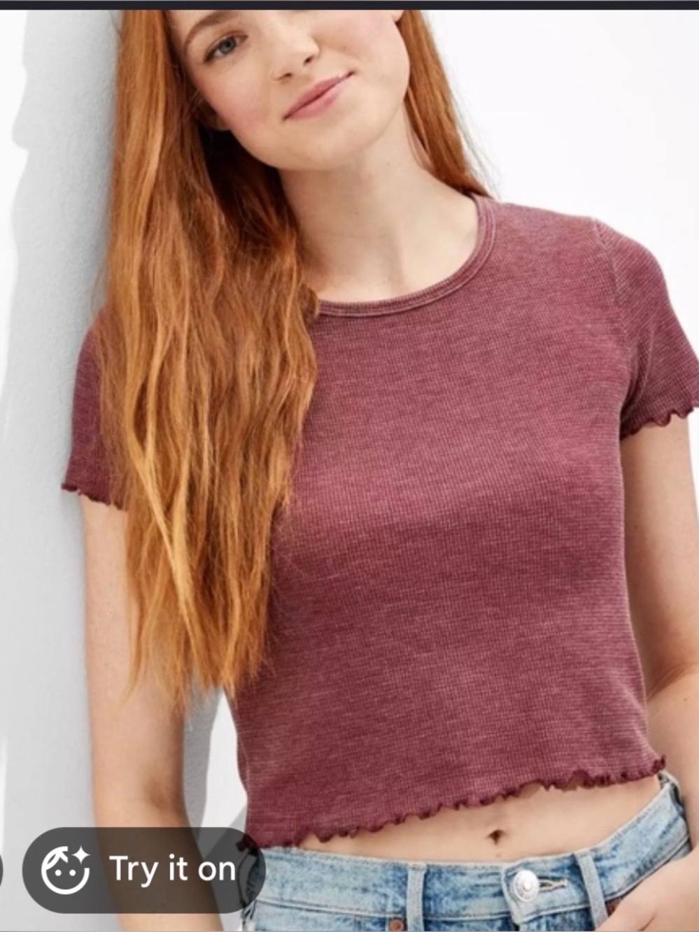 American Eagle  Ribbed Lettuce-Hem Crewneck Crop Top - Mauve
